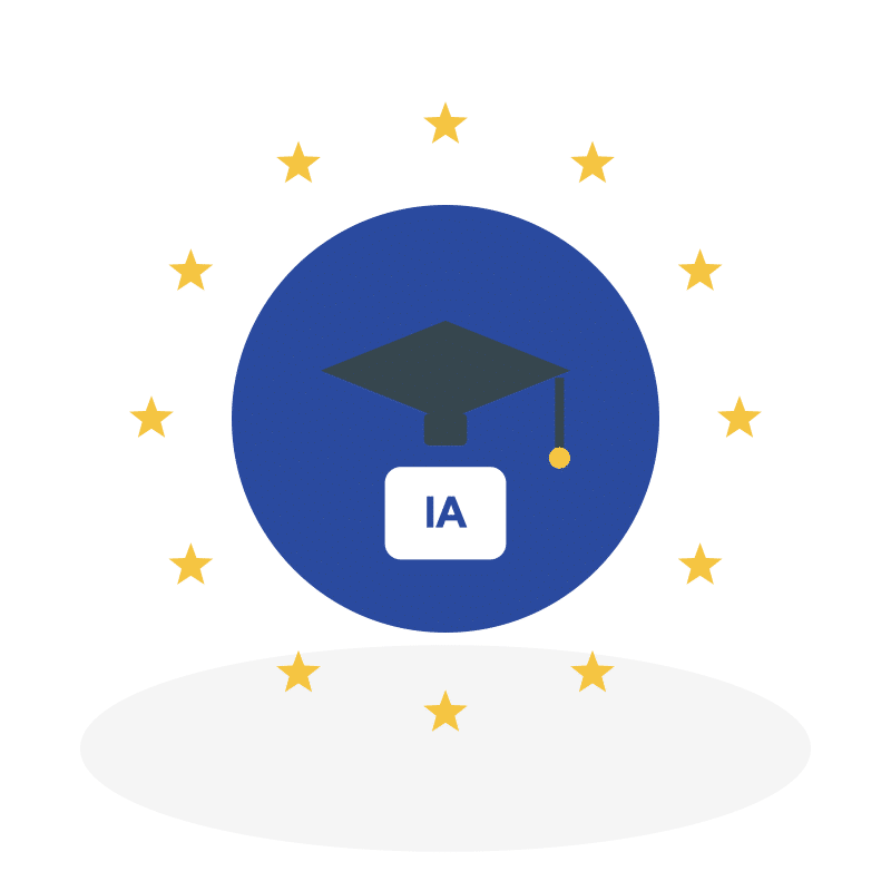 Illustration : les étoiles du drapeau européen autour d'une toque de diplômé et d'une puce IA — le…