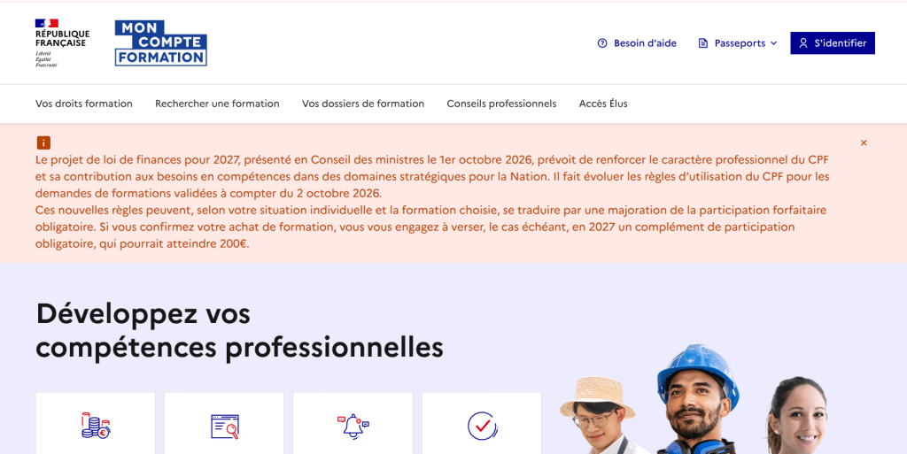 Capture d'écran de Mon Compte Formation : message annonçant un complément de participation jusqu'à 200 euros en 2027